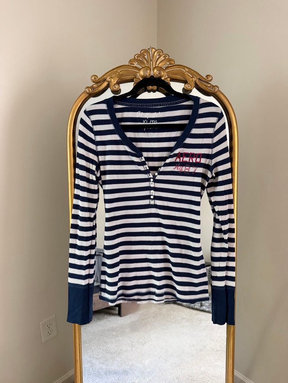 Vintage Y2K Aeropostale Blue White Stripe Henley Button Long Sleeve Shirt Top